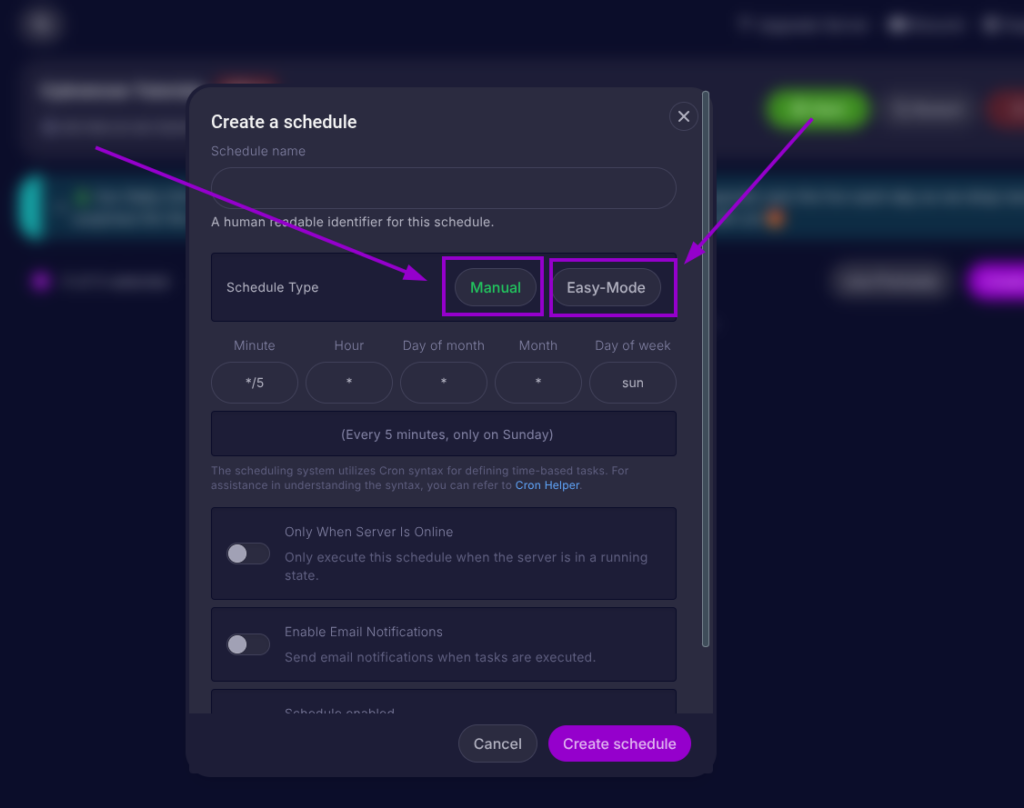 Cybrancee Panel, Create a schedule form. 'Manual' and 'Easy-Mode' is highlighted
