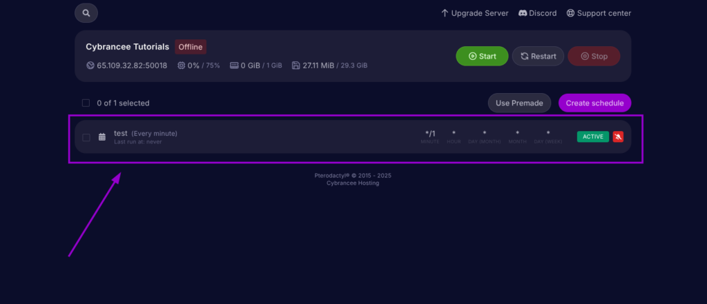 Cybrancee Panel, schedules page. First schedule is highlighted.