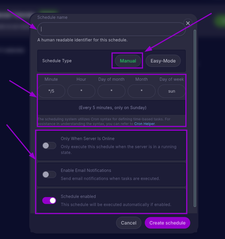Cybrancee Panel, Create a schedule form. Schedule name is highlighted, 'Manual' is highlighted, time section is highlighted, actions section is highlighted. 'Create schedule' button is highlighted