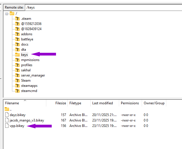server connected via ftp with mod key file uploaded outlined