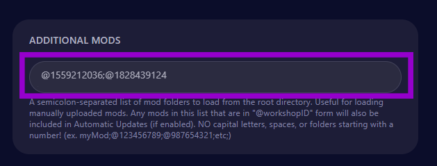 dayz startup tab with additional mods field filled with examples outlined