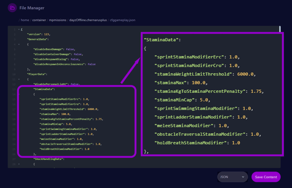 dayz cfggameplay file with stamina settings outlined