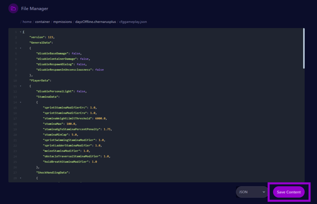 dayz cfggameplay file with save content button outlined