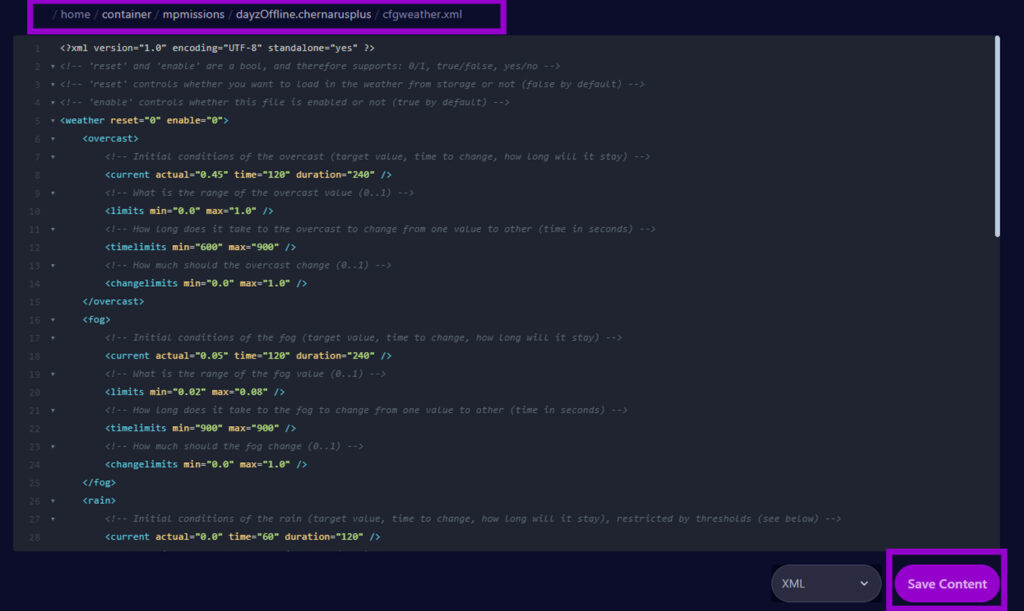 dayz cfgweather file with weather settings outlined