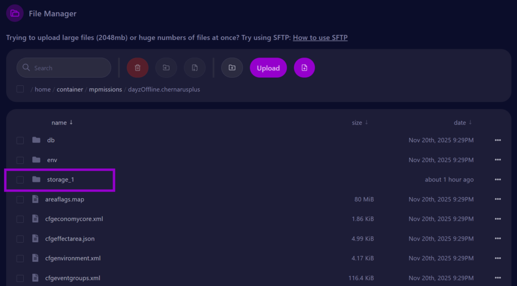 dayz mpmissions folder with storage_1 folder outlined to wipe server outlined