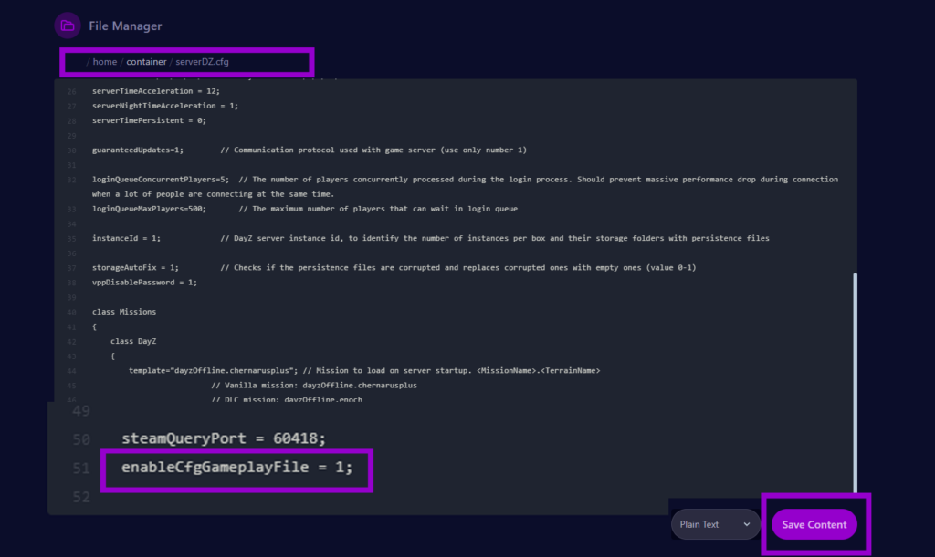 dayz servercfg file with new line added and button outlined