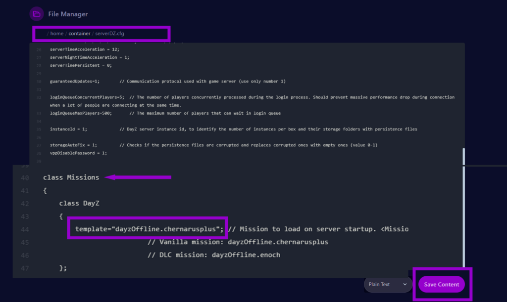 dayz servercfg file with map setting line and button outlined