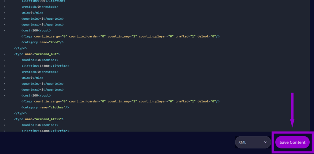 dayz types.xml file with save content button outlined
