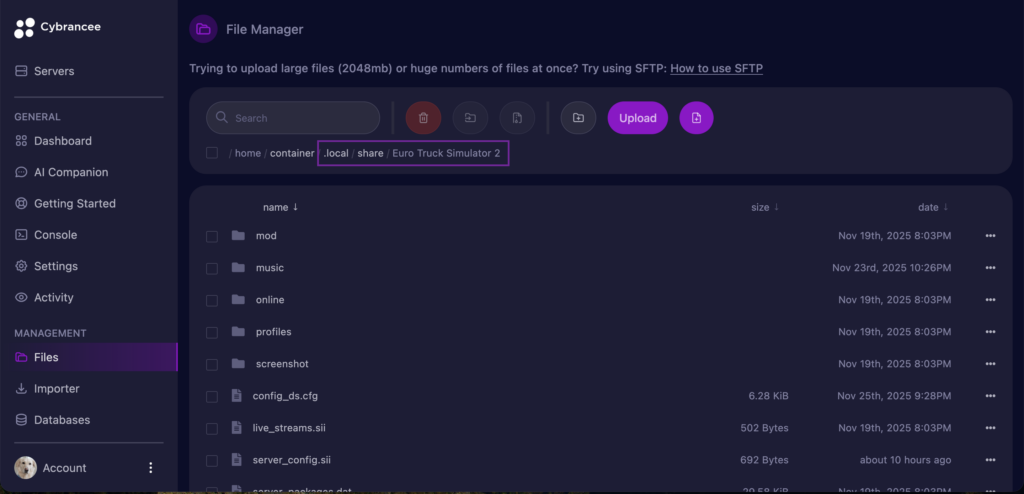 Cybrancee Panel with Euro Truck Simulator 2 route data folder outlined