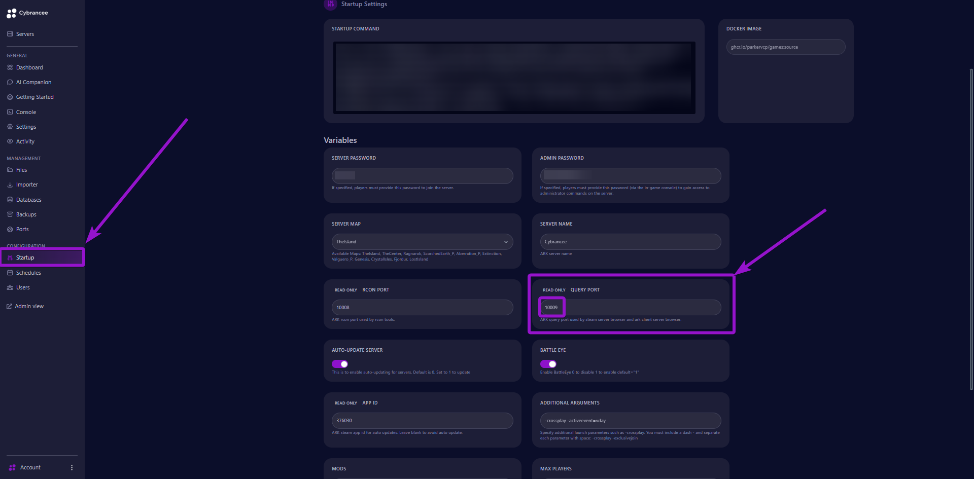 A screenshot of the Cybrancee panel startup page with the Query Port box highlighted