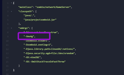 The project zomboid JSON configuration file with the VM argument highlighted