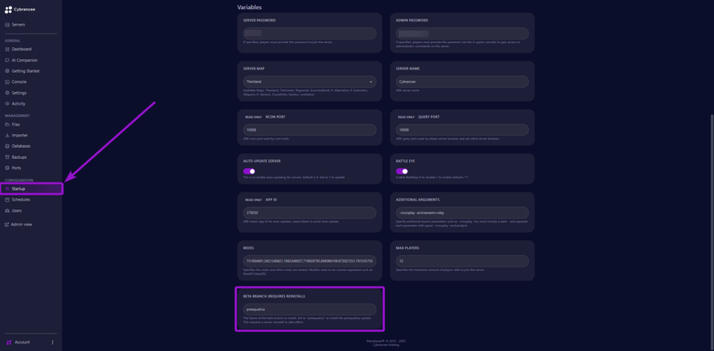Screenshot of the Cybrancee panel with the beta branch field highlighted
