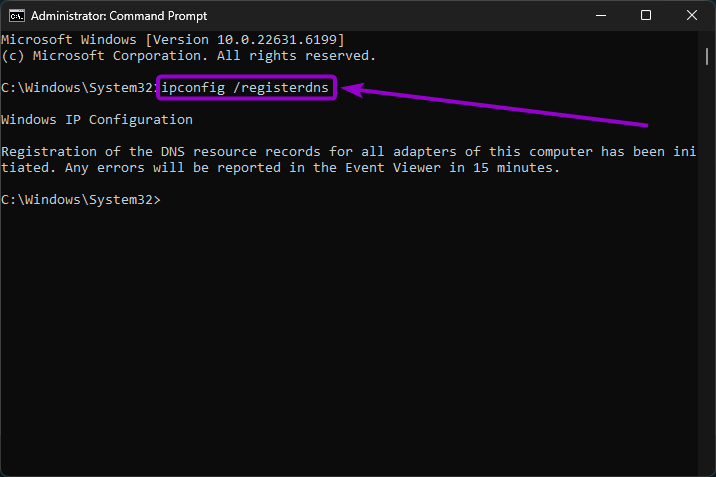 'ipconfig registerdns' command in the command prompt