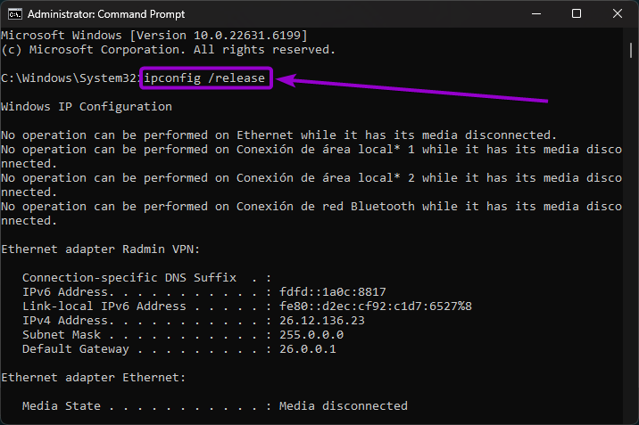 'ipconfig release' command in the command prompt