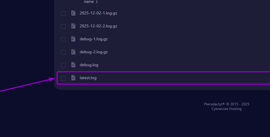 Latest.log file outlined with arrow