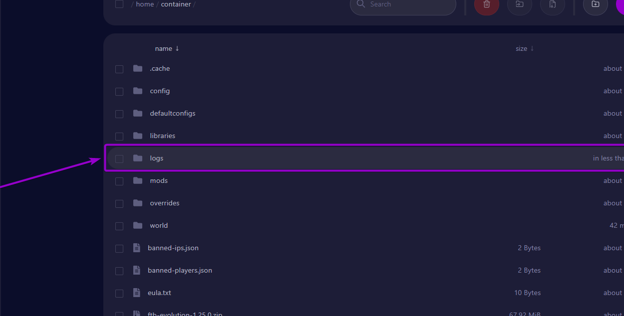'Logs' file outlined with arrow