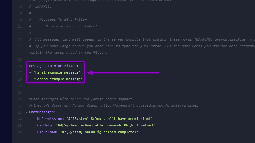 'messages-to-hide-filter' array outlined with arrow