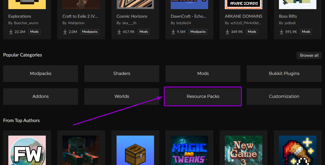 'Resource packs' category button on the curseforge page