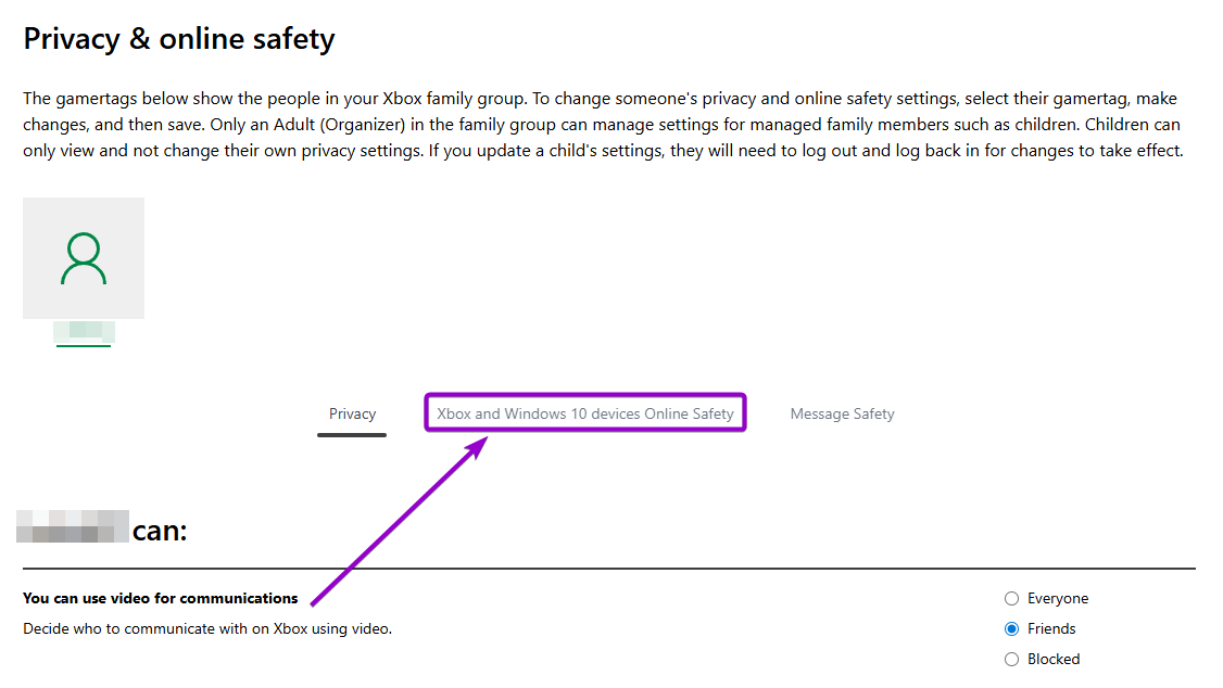 'Xbox windows online safety' button outlined with arrow