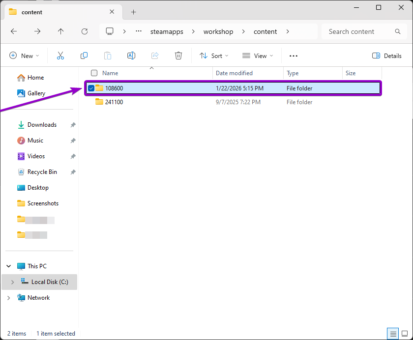 '108600' folder outlined with arrow