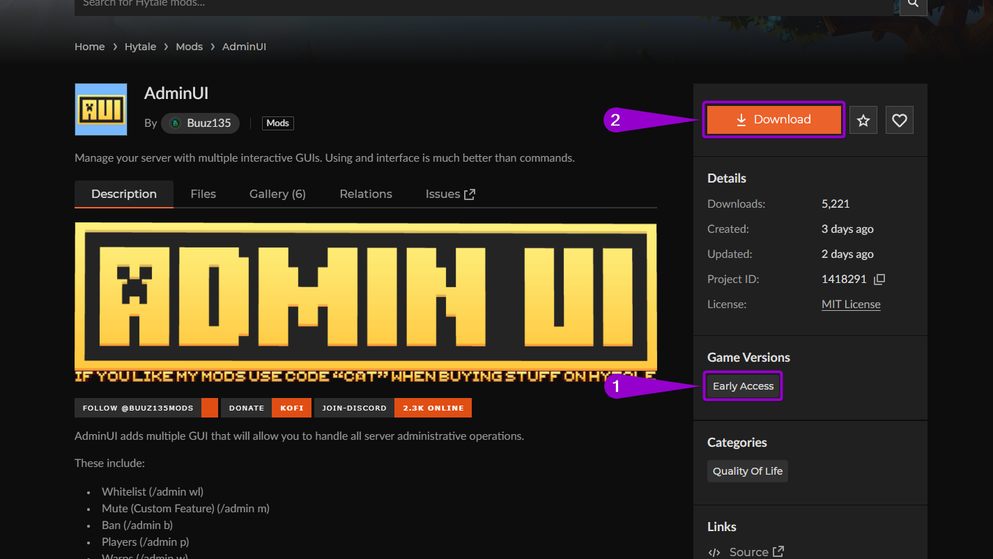 'AdminUI' mod curseforge main page