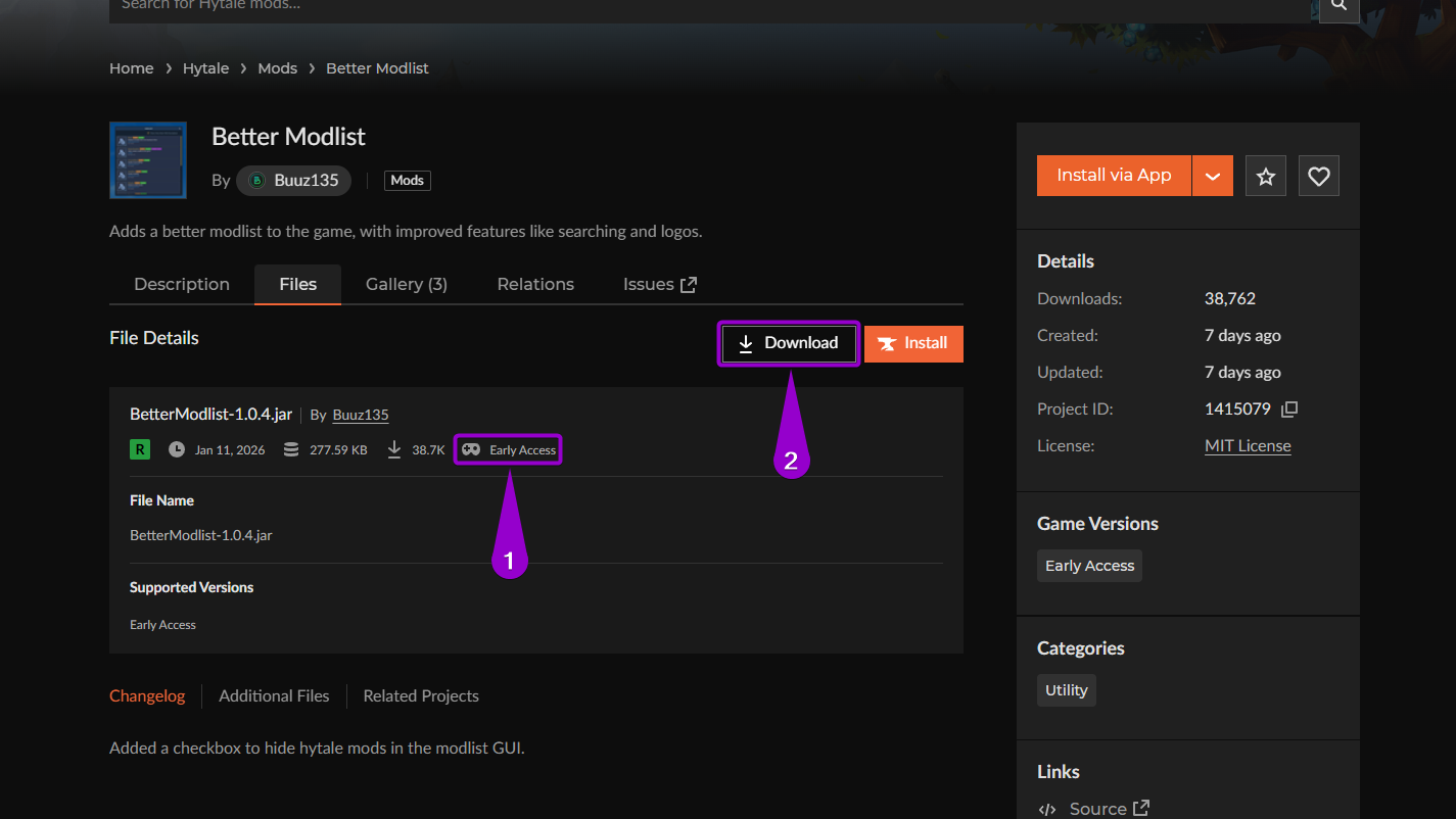 'Better Modlist' mod library curseforge main page