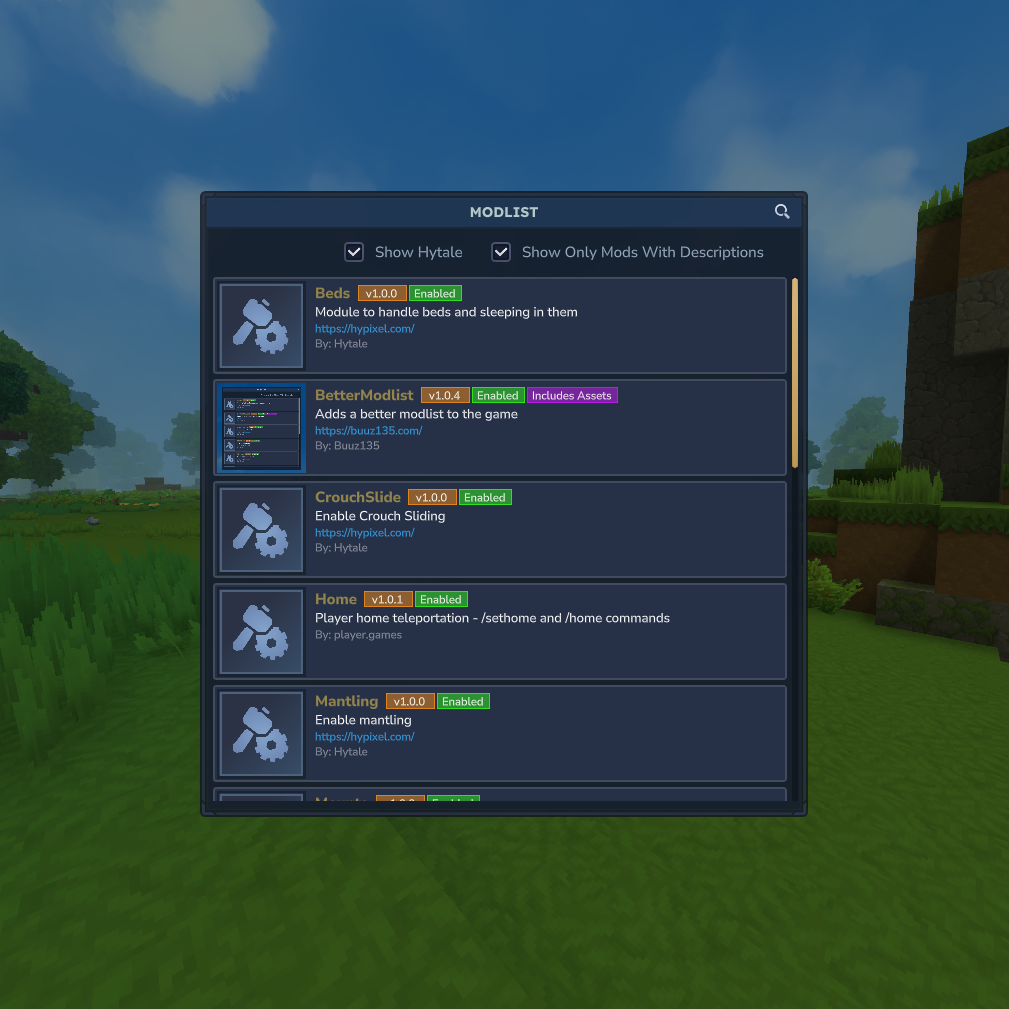 'Better Modlist' user interface in Hytale