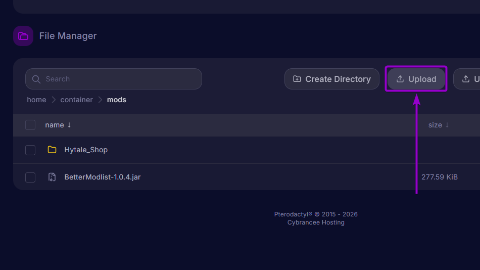BetterModlist 'Upload' button outlined with arrow - Hytale CB Panel