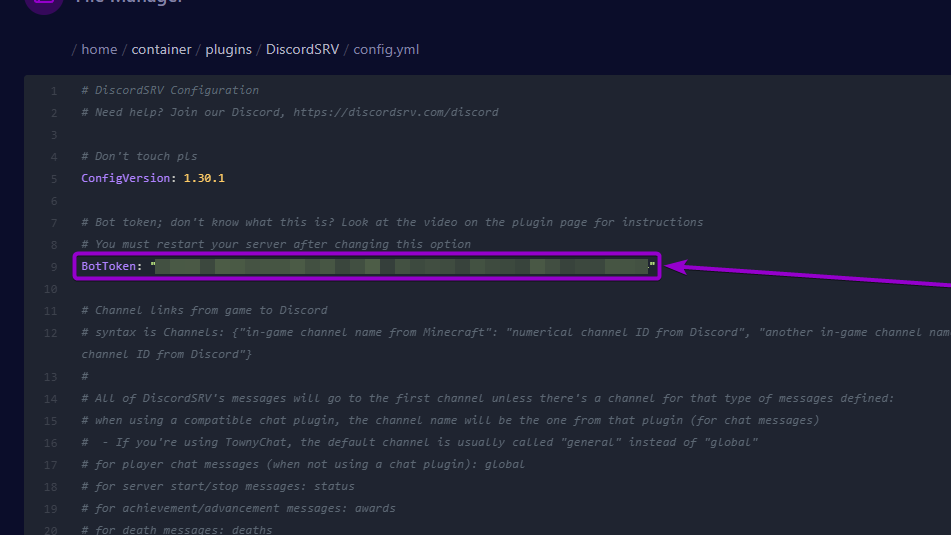 'BotToken' line in the DiscordSRV configuration file outlined with arrow