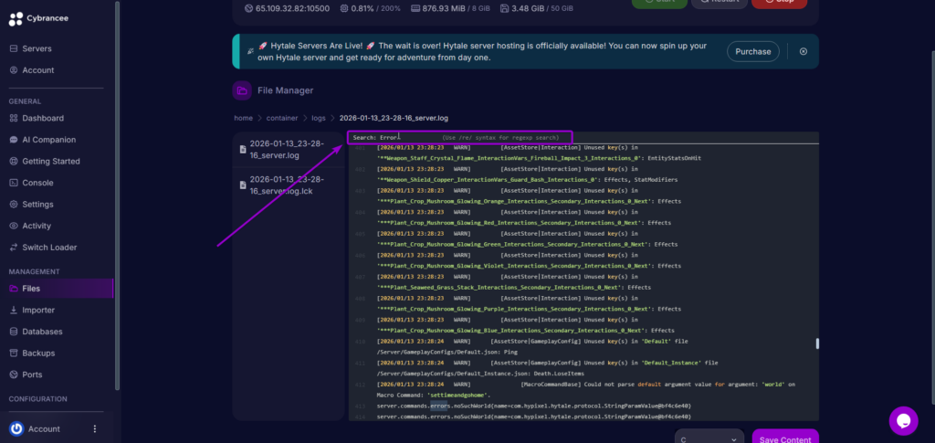 CTRL+F Search Hytale Error Log