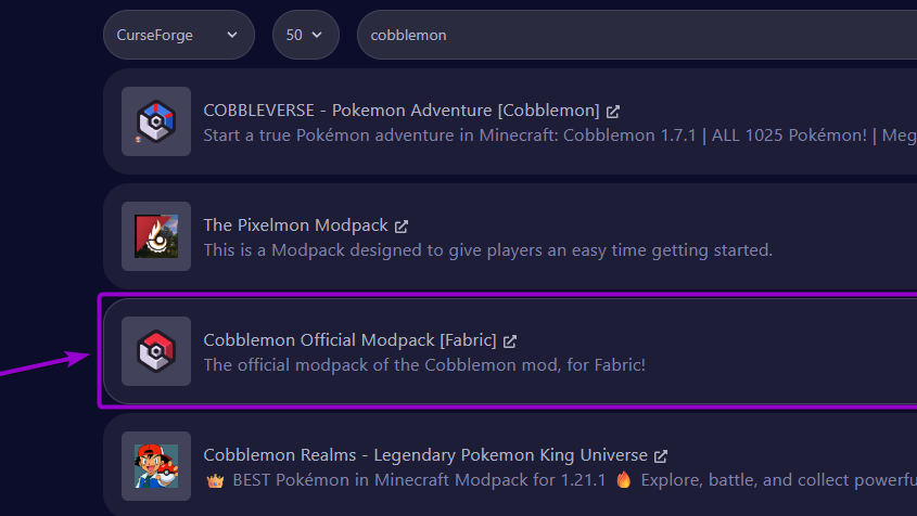 'Cobblemon' modpack in the list outlined with arrow