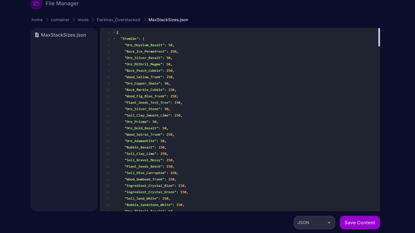 Configuration parameters of the 'MaxStackSizes' file