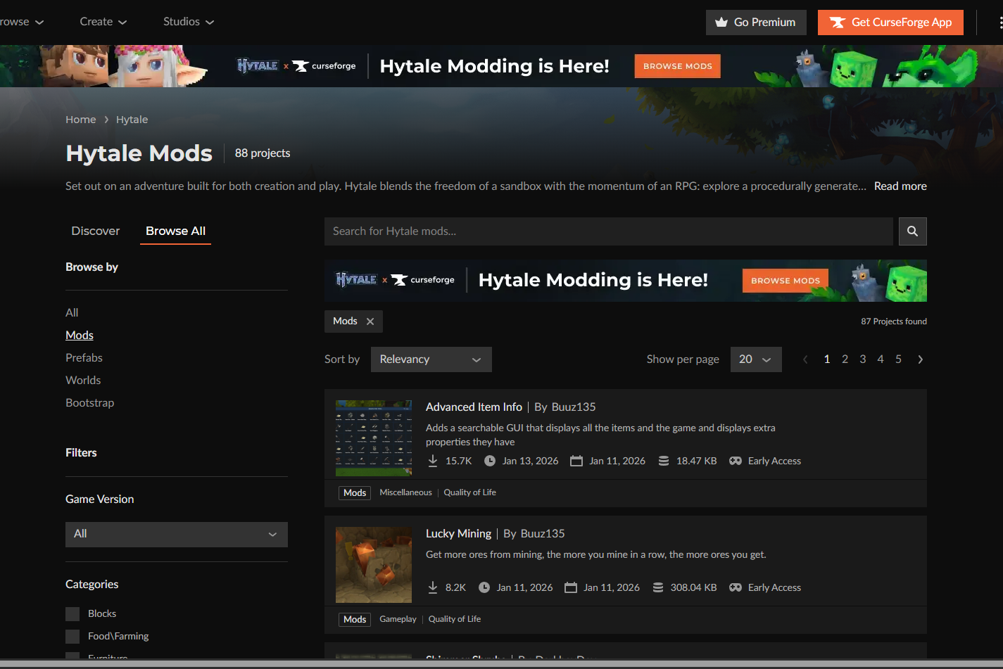 CurseForge Hytale main page