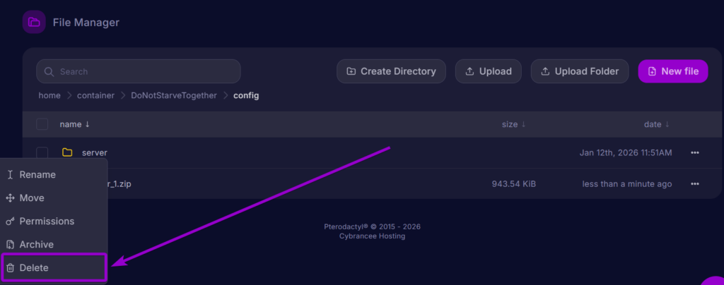 Cybracee Dont Starve Together Panel Files Server Folder Delete Button Outlined