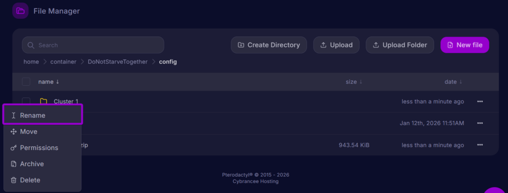 Cybracee Dont Starve Together Panel Files Server Folder Rename Button Outlined