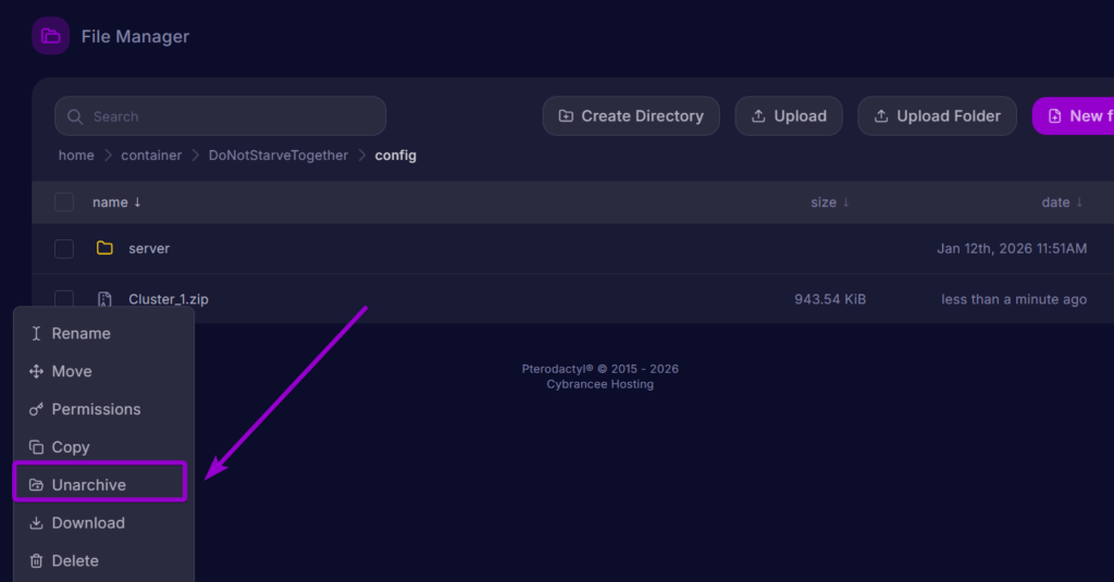 Cybracee Dont Starve Together Panel Files Server Folder Unarchive Button Outlined