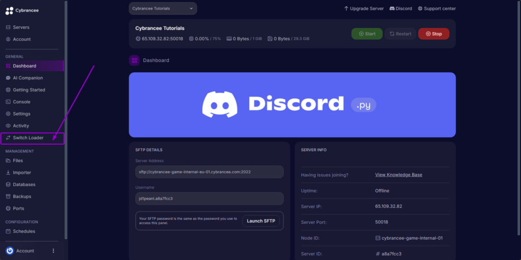 Cybrancee Panel, Server Dashboard, the switch loader tab is highlighted