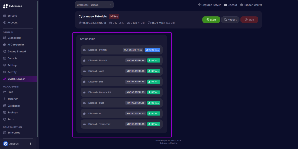 Cybrancee Panel, switch loader page