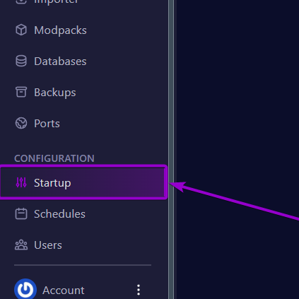 Cybrancee panel 'Startup' tab outlined with arrow