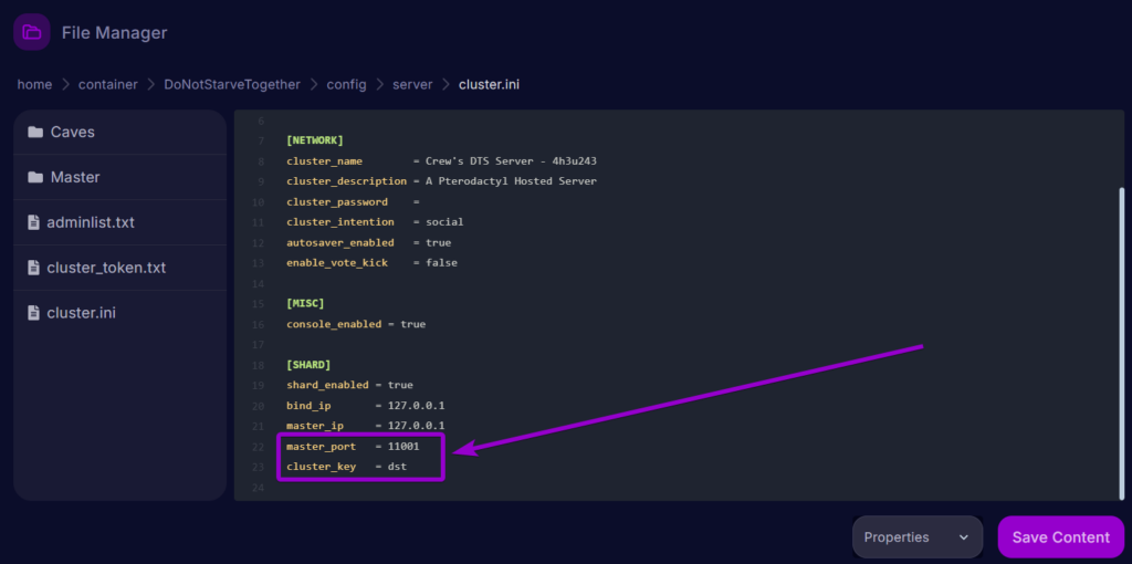 Cybrancee Dont Starve Together Panel Files Cluster.ini File Outlined