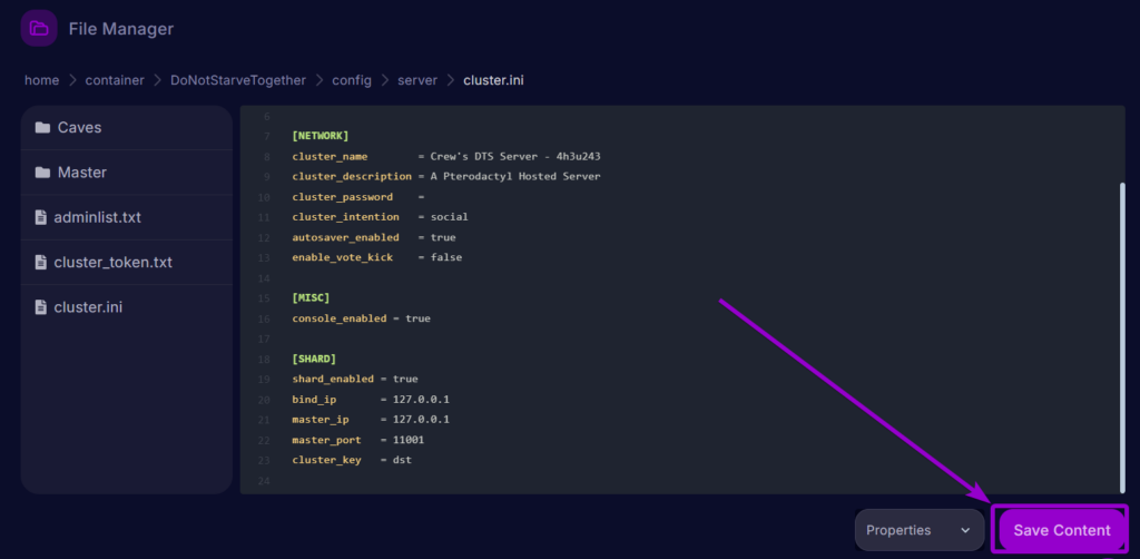 Cybrancee Dont Starve Together Panel Files Cluster.ini Save Button Outlined