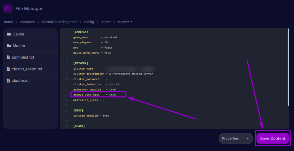 Cybrancee Dont Starve Together Panel Files Cluster Enable Vote Kick Outlined
