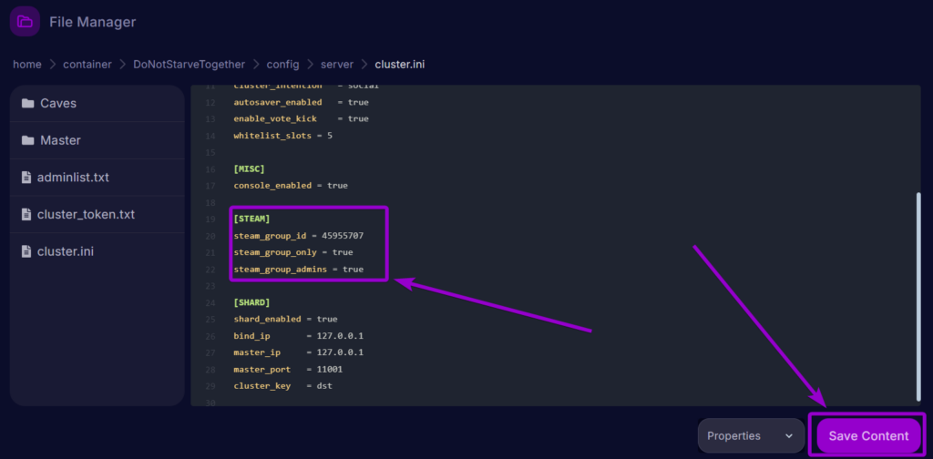 Cybrancee Dont Starve Together Panel Files Cluster Steam Group Link Settings Outlined