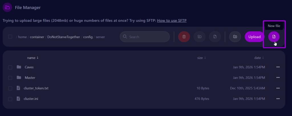 Cybrancee Dont Starve Together Panel Files Create New File Outlined