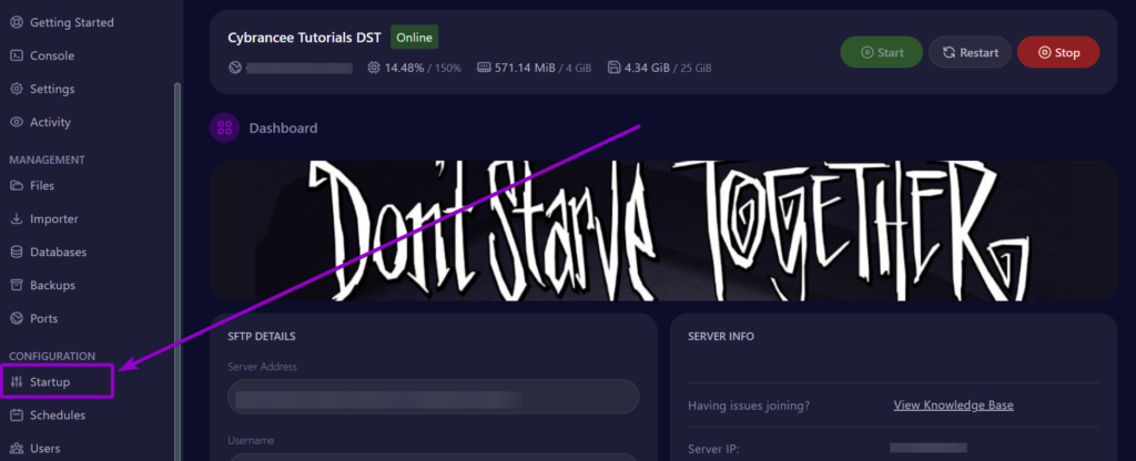 Cybrancee Dont Starve Together Panel Startup Tab Outlined