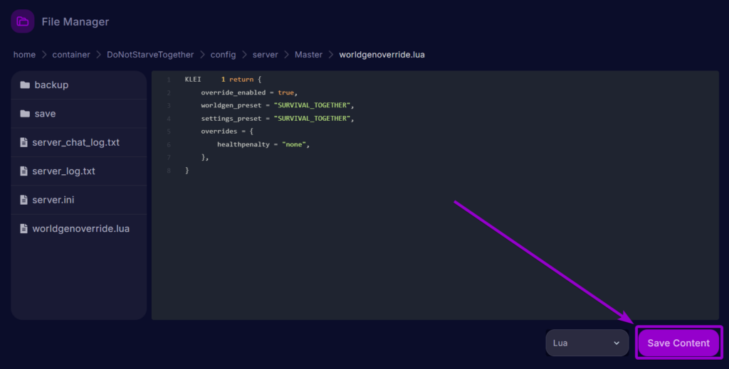 Cybrancee Dont Starve Together WorldGen File Health Setting Save Button Outlined