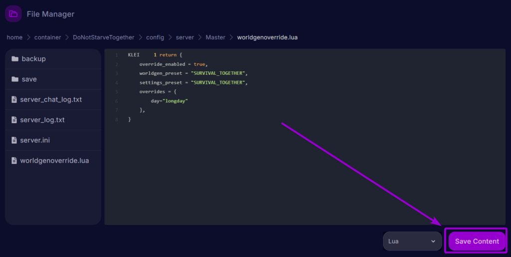 Cybrancee Dont Starve Together WorldGen File Overrides Save Button Outlined