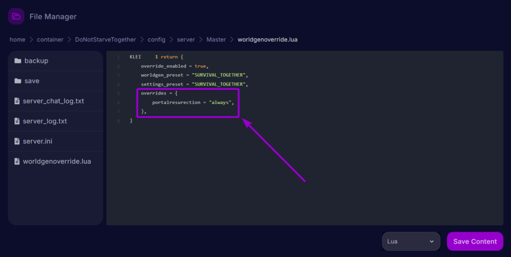 Cybrancee Dont Starve Together WorldGen File Portal Setting Outlined