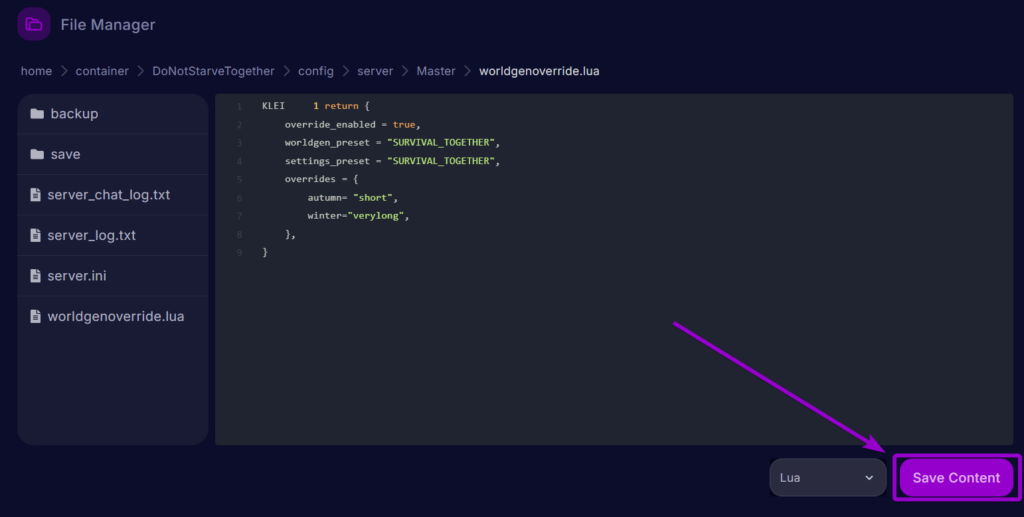 Cybrancee Dont Starve Together WorldGen File Seasons Save Button Outlined