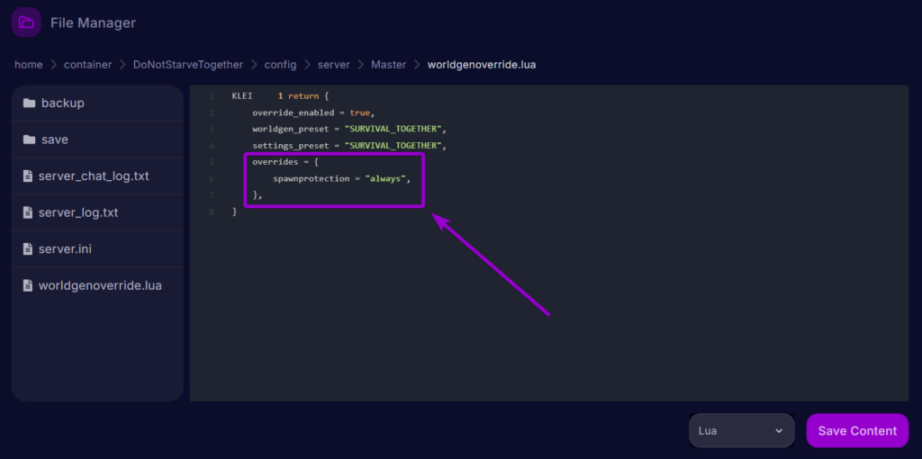Cybrancee Dont Starve Together WorldGen File Spawn Protection Setting Outlined
